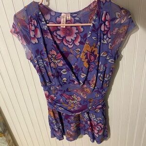 Sweet Pea Purple Floral Paisley Wrap Blouse with Tie